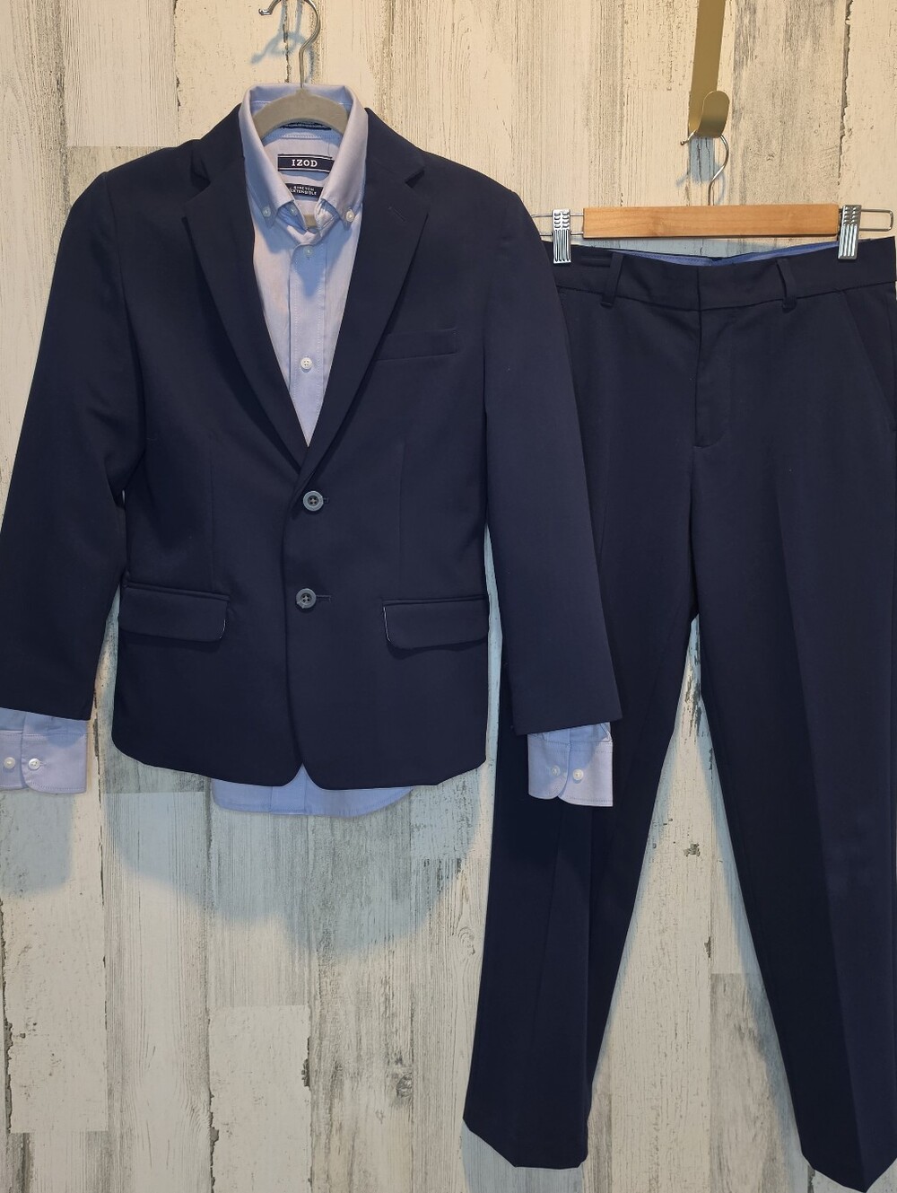 IZOD Boys Suit 3 Piece Navy Blazer Pants Blue Dress Shirt Size 10 12 Stretch
